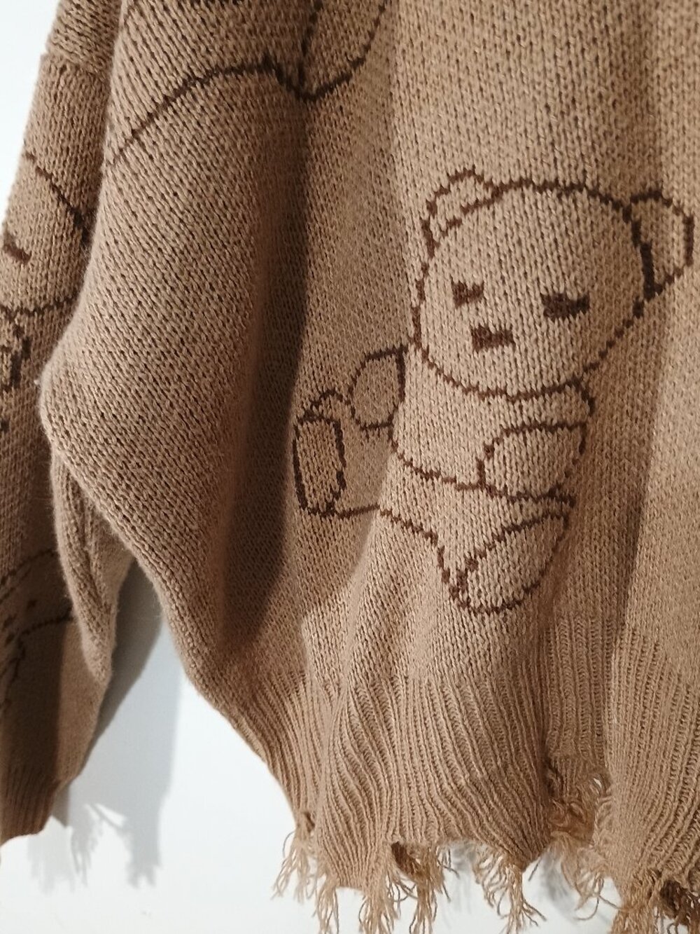 Just Polly New York Teddy Bear Distressed Knit Sweater Tan Brown Frayed Hem Size - Picture 5 of 6